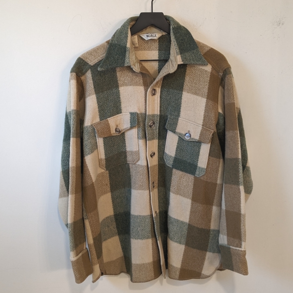 Vintage 60s/70s Woolrich Wool Blend Neutral Plaid Thick Shacket Shirt Jacket